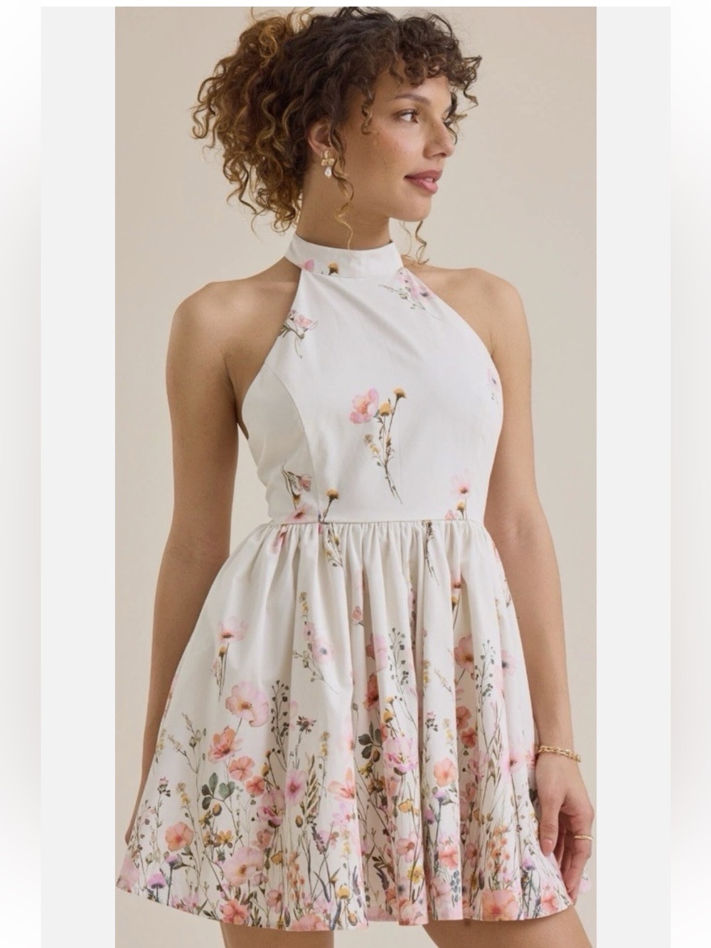 Altar'd State Cream Floral Halter Dress with Pink & Green Accents -NWOT